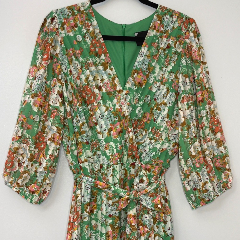 Maison Tara Green Floral Pleated Maxi‎ Dress V-Neck 3/4 Puff Sleeve Belted - Picture 5 of 12